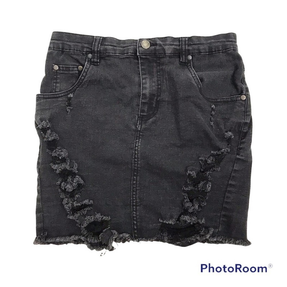Prettylittlething black distressed denim mini skirt size 8
